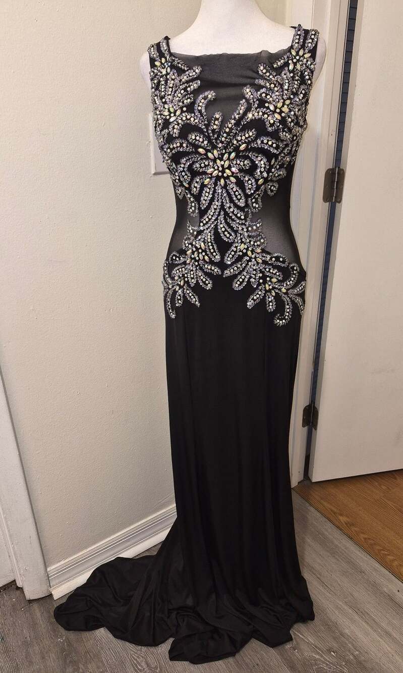 Jasz Couture Black Crystal Embellished Mesh Formal Evening Gown